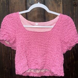 SHEIN Pink Puff Sleeve Smocked Crop Blouse